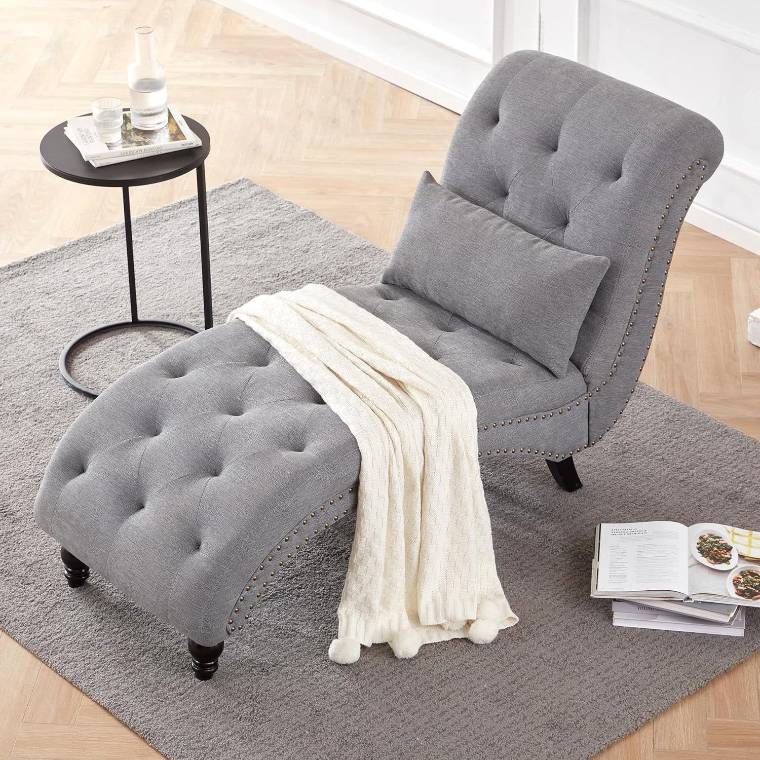 Grey Linen Upholstered Armless Chaise Lounge Chair with Pillow - Tampa Home & Garden Store