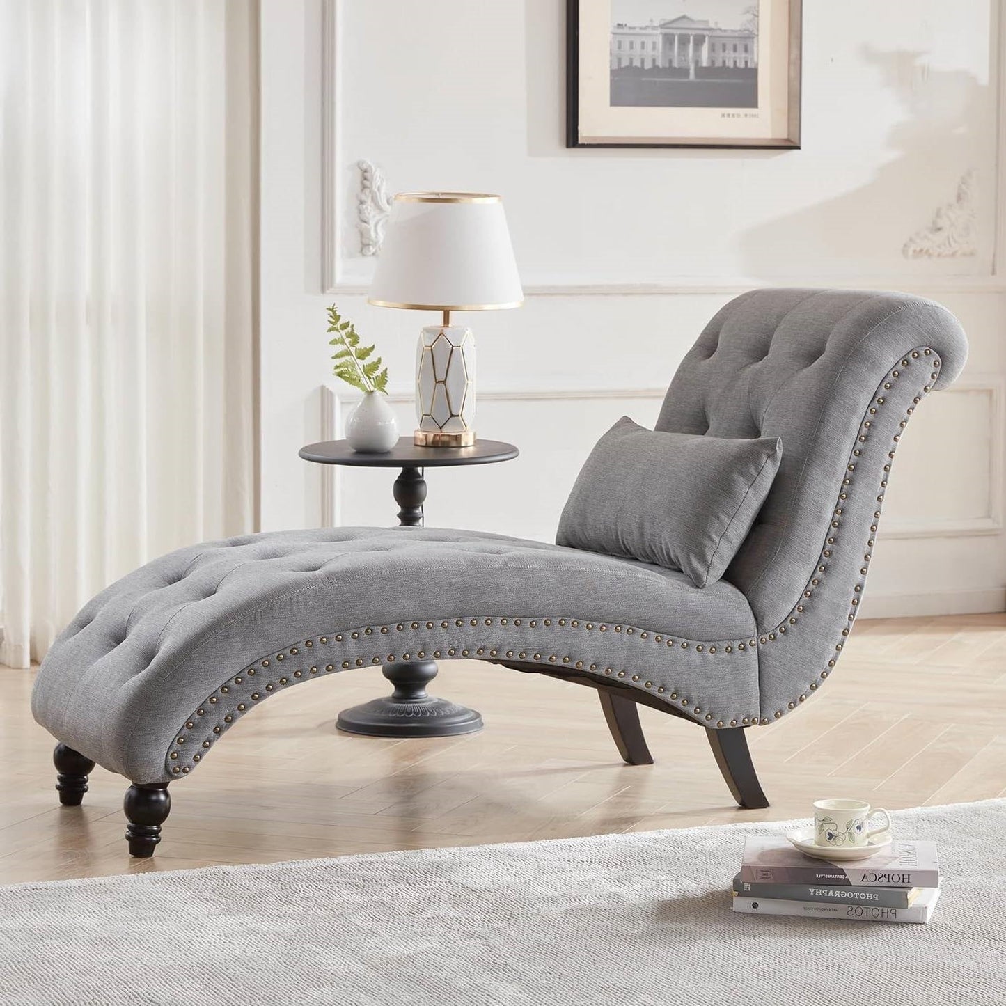 Grey Linen Upholstered Armless Chaise Lounge Chair with Pillow - Tampa Home & Garden Store