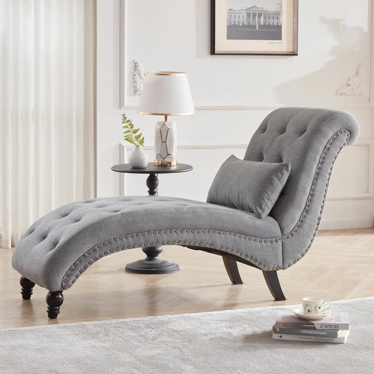 Grey Linen Upholstered Armless Chaise Lounge Chair with Pillow - Tampa Home & Garden Store