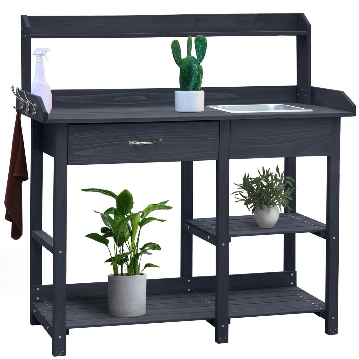 Grey Wood Outdoor Garden Potting Bench Storage Shelf with Removeable Sink - Tampa Home & Garden Store