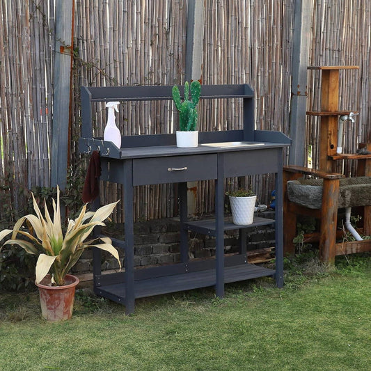 Grey Wood Outdoor Garden Potting Bench Storage Shelf with Removeable Sink - Tampa Home & Garden Store