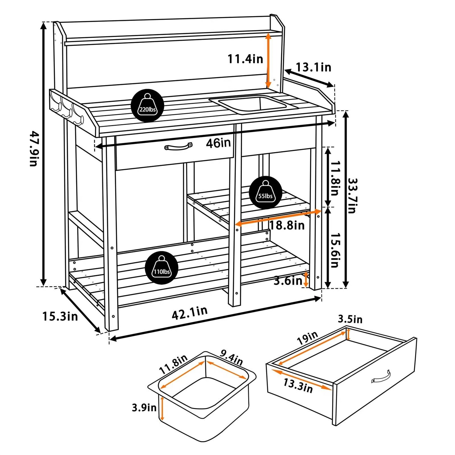 Grey Wood Outdoor Garden Potting Bench Storage Shelf with Removeable Sink - Tampa Home & Garden Store