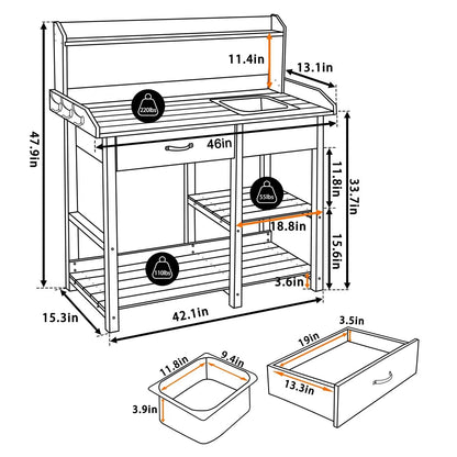 Grey Wood Outdoor Garden Potting Bench Storage Shelf with Removeable Sink - Tampa Home & Garden Store