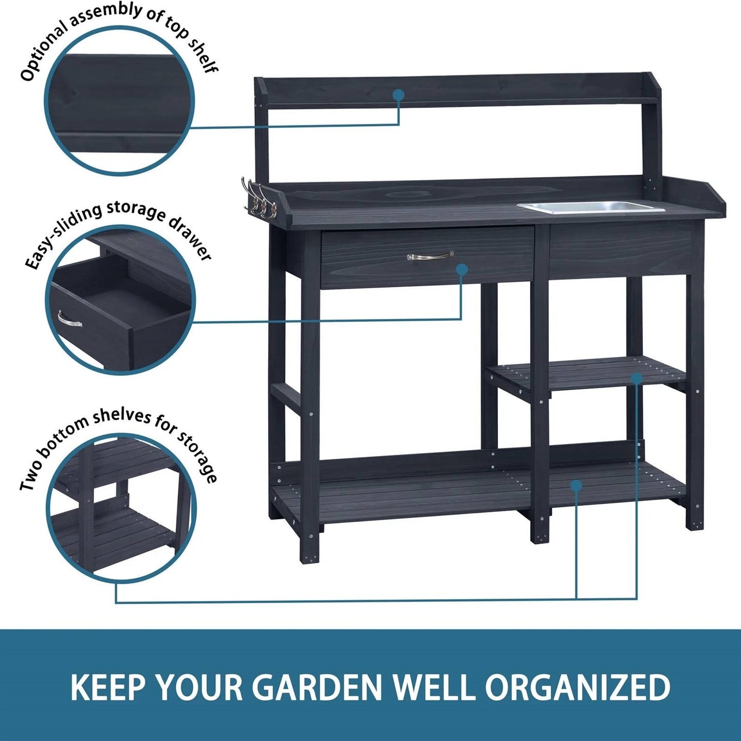 Grey Wood Outdoor Garden Potting Bench Storage Shelf with Removeable Sink - Tampa Home & Garden Store
