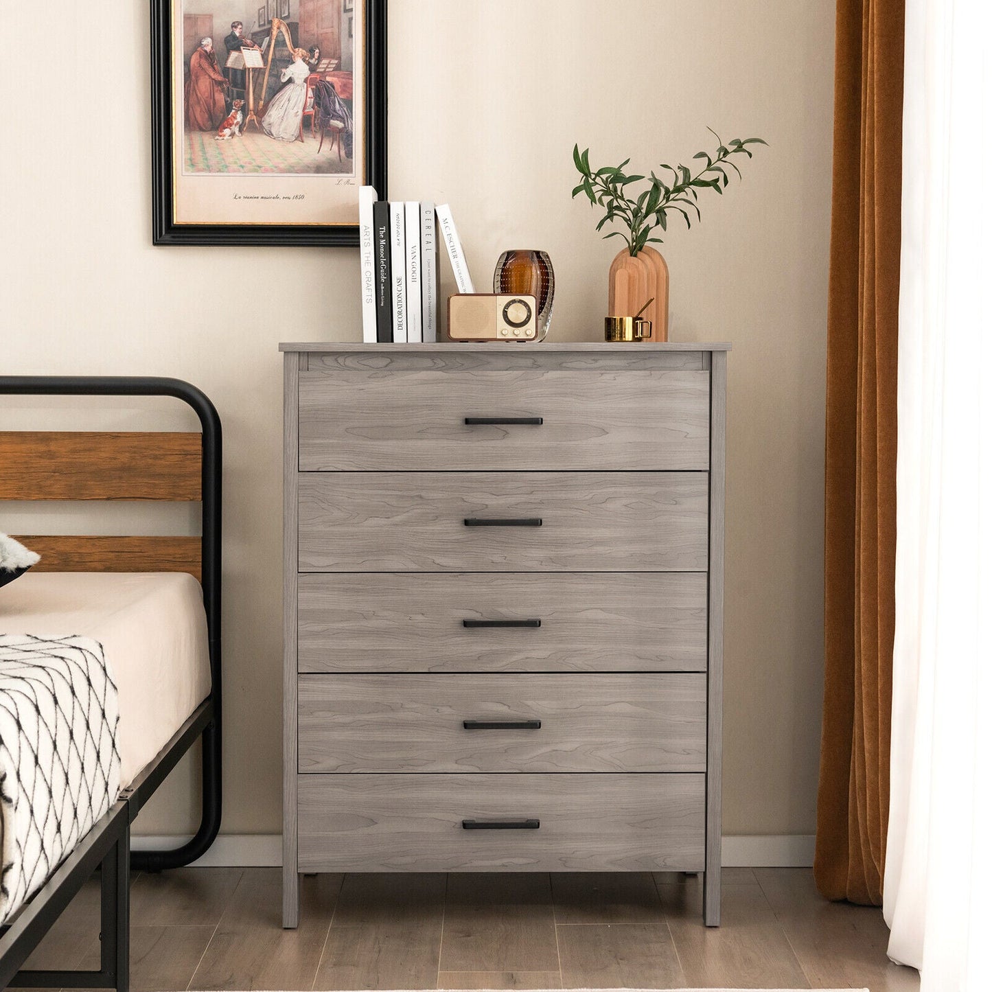 Cómoda multifuncional moderna de 5 cajones con tiradores metálicos - Gris