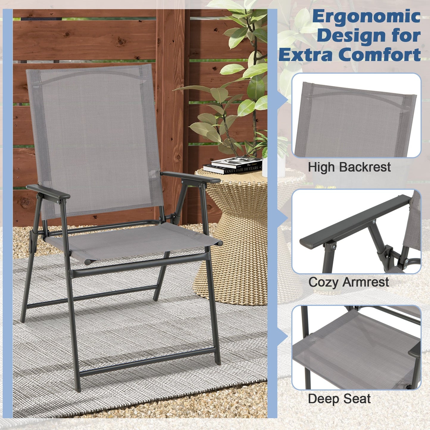 2 sillas plegables de patio con reposabrazos para jardín-gris