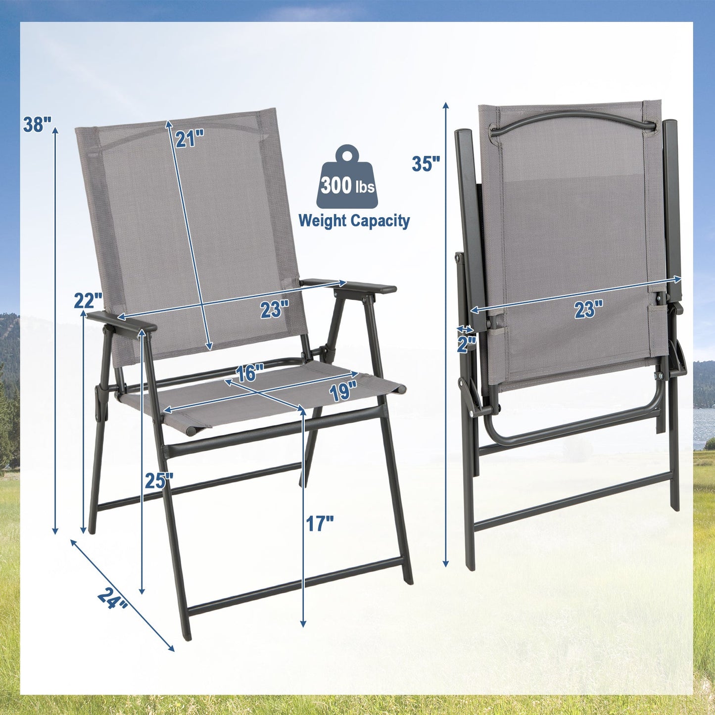 2 sillas plegables de patio con reposabrazos para jardín-gris