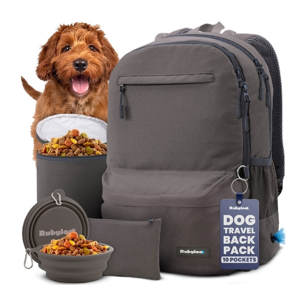 Rubyloo dog backpack for dog supplies, gray backpack with collapsible bowls on Tampa Home & Garden Store