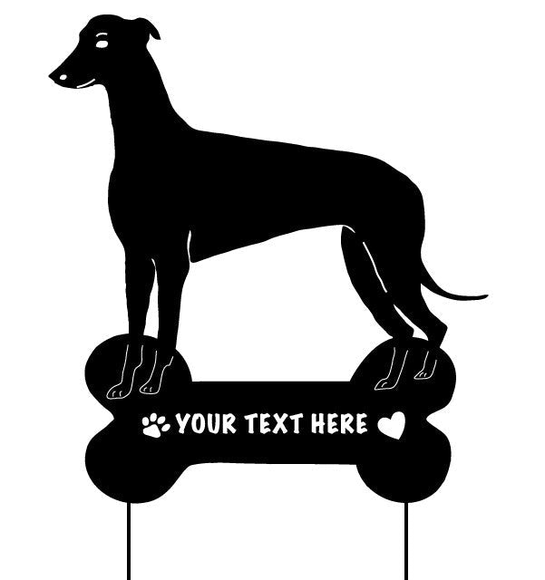 Greyhound statue lawn ornament by Rustica Ornamentals; black silhouette on bone sign on Tampa Home & Garden Store