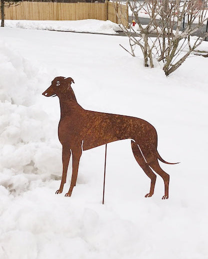 Rust-colored greyhound metal lawn ornament by Rustica Ornamentals with ground stake on Tampa Home & Garden Store