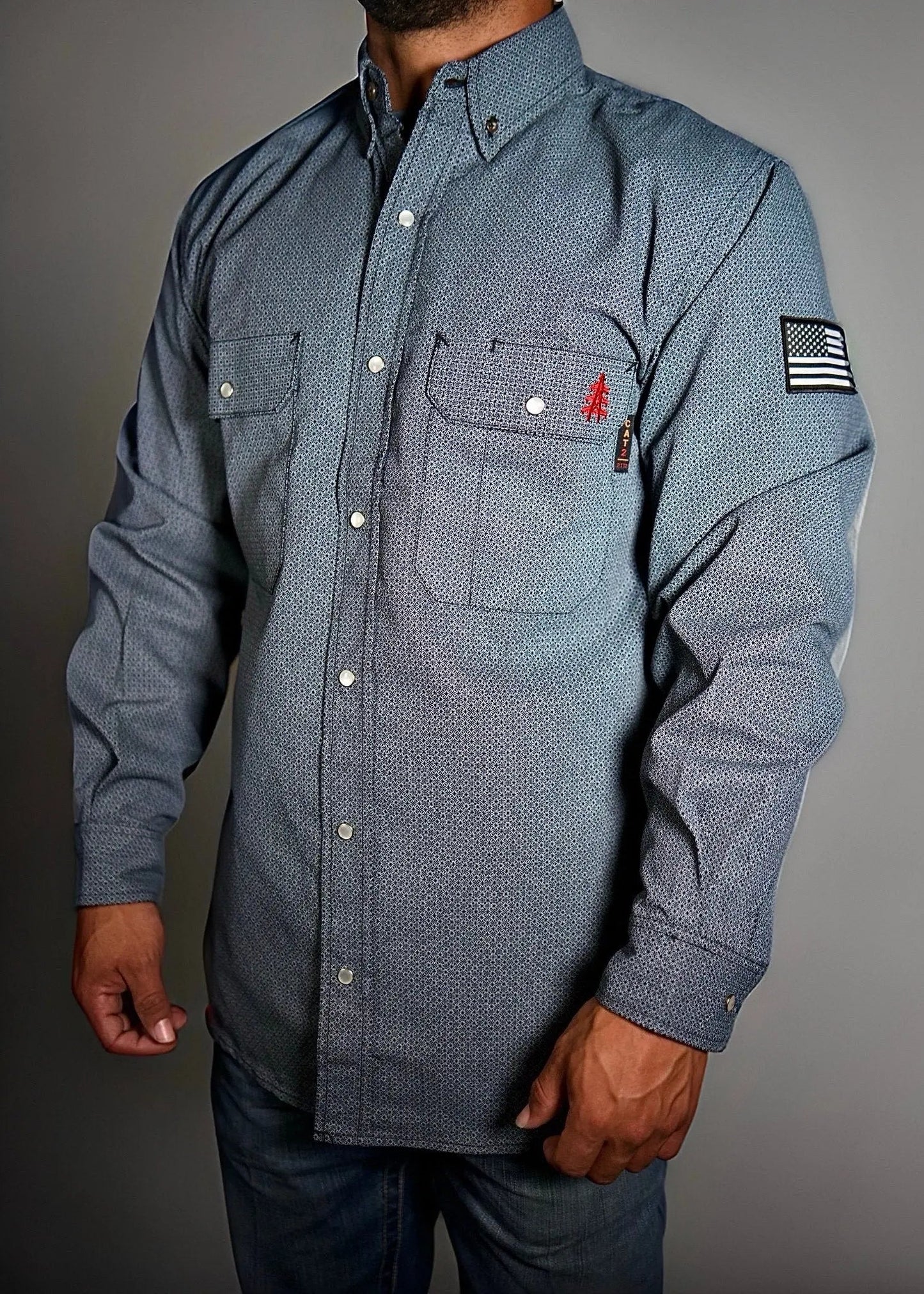 Static FR Pearl Snap Work Shirt forged gray with U.S. flag sleeve patch, button pockets on Tampa Home & Garden Store