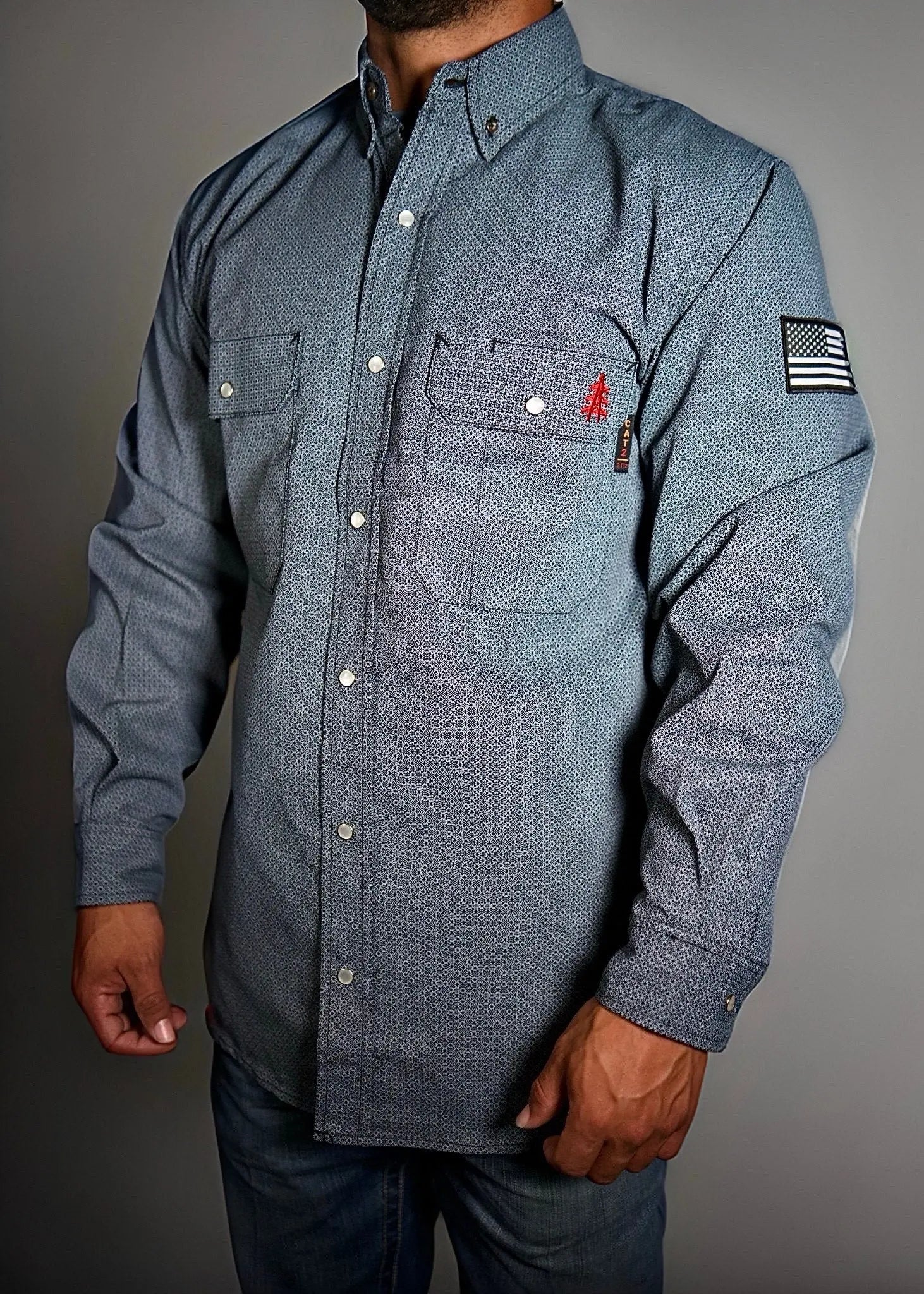 Static FR Pearl Snap Work Shirt forged gray with U.S. flag sleeve patch, button pockets on Tampa Home & Garden Store