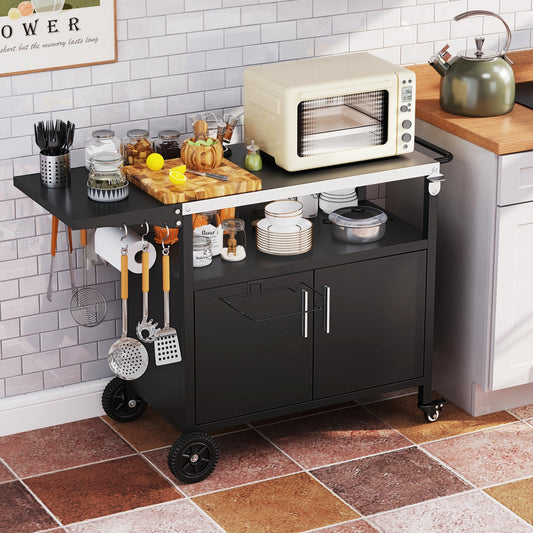 Outdoor grill cart black with storage cabinet, wheels, and hanging utensil hooks on Tampa Home & Garden Store