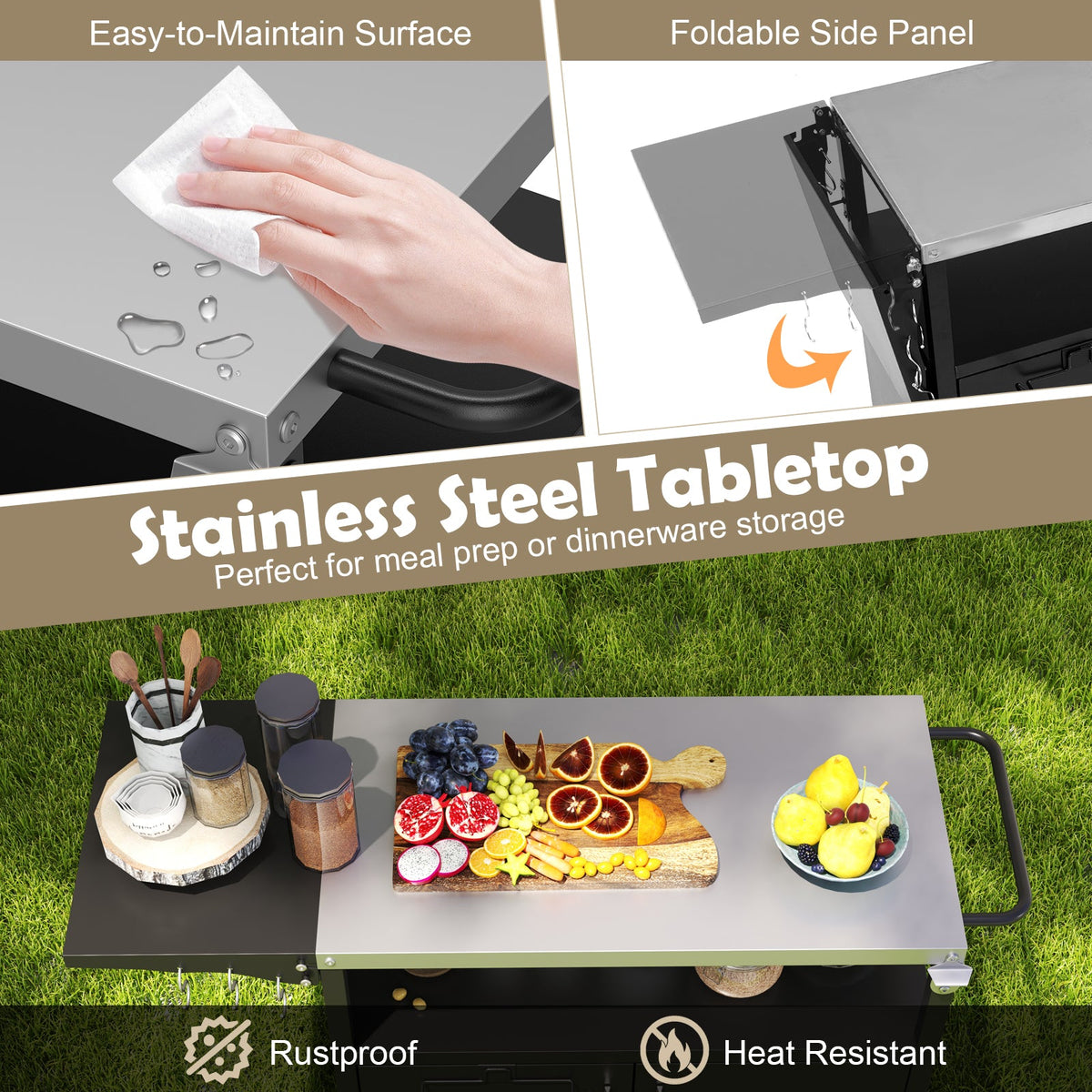 Outdoor grill cart with storage and folding stainless steel top black DirectDeals on Tampa Home & Garden Store