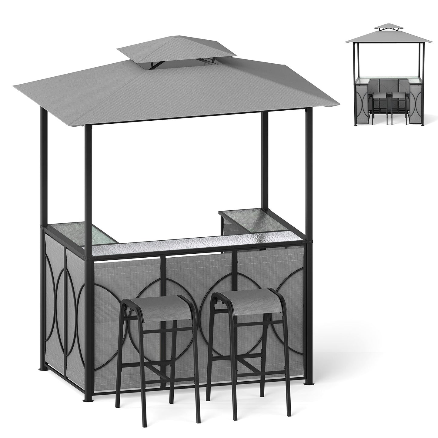 6.5 x 4 x 8 FT Grill Gazebo Set with 2 Bar Stools and Bar Table-Brown