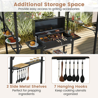 13 x 5 Feet Grill Gazebo with Dual Side Awnings and 2 Shelves Adjustable Shadow-Coffee