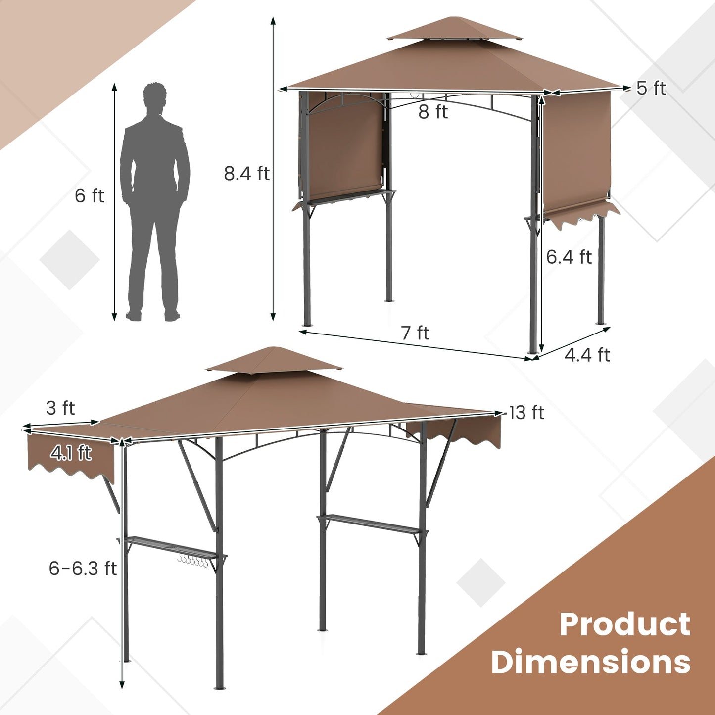 13 x 5 Feet Grill Gazebo with Dual Side Awnings and 2 Shelves Adjustable Shadow-Coffee