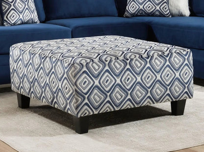 Groovy Navy patterned ottoman from Unique Piece Furniture, blue geometric print, dark legs on Tampa Home & Garden Store