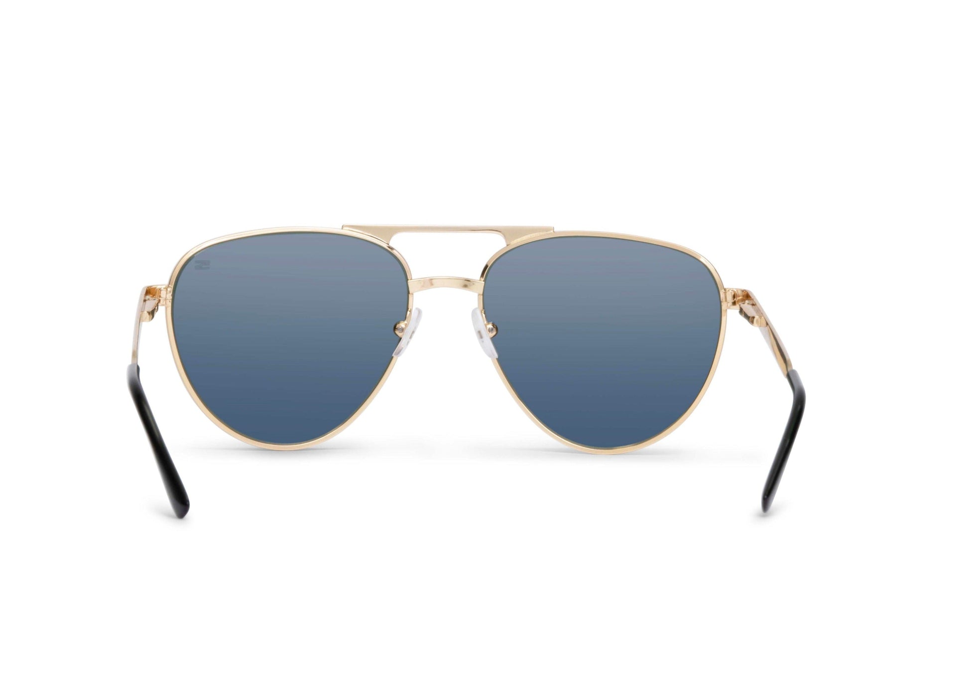 Dara Aviator Gold sunglasses, gold metal frame with blue lenses by Skeleton Optics on Tampa Home & Garden Store