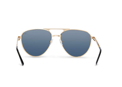 Dara Aviator Gold sunglasses, gold metal frame with blue lenses by Skeleton Optics on Tampa Home & Garden Store