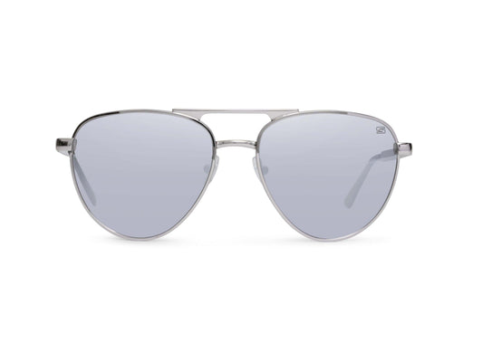 Dara Aviator Sunglasses in chrome silver metal frame with gray lenses by Skeleton Optics on Tampa Home & Garden Store