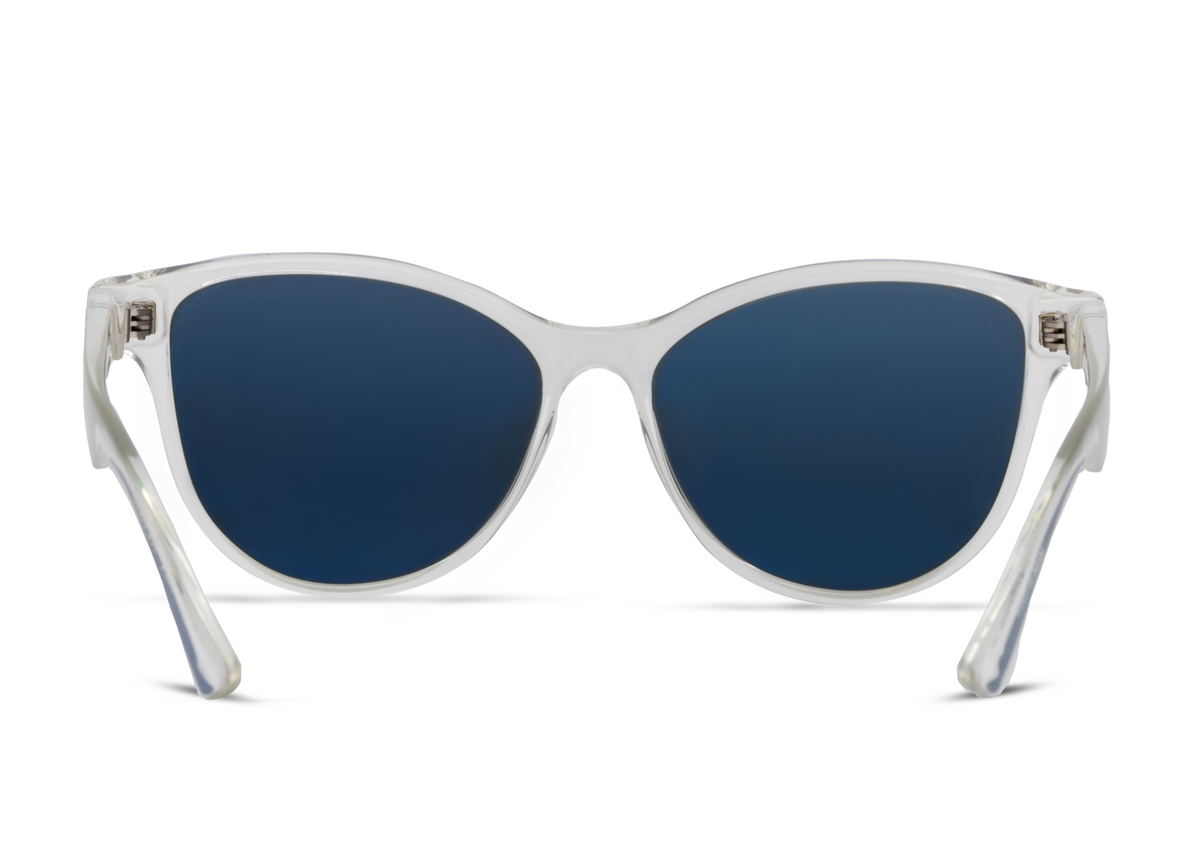 Mia Crystal Gloss sunglasses by Skeleton Optics, clear frame with navy blue lenses on Tampa Home & Garden Store