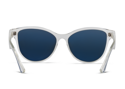 Mia Crystal Gloss sunglasses by Skeleton Optics, clear frame with navy blue lenses on Tampa Home & Garden Store