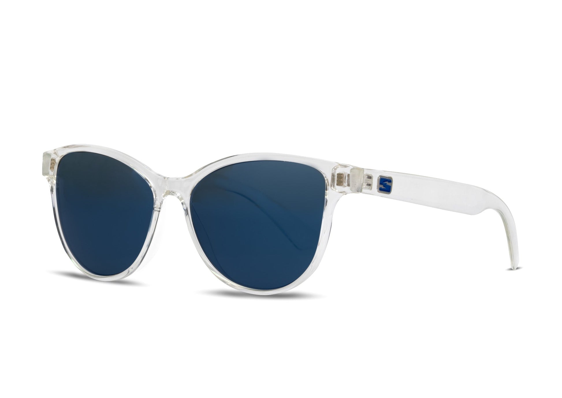 Mia Crystal Gloss sunglasses with Skeleton Optics logo on temple blue lenses on Tampa Home & Garden Store