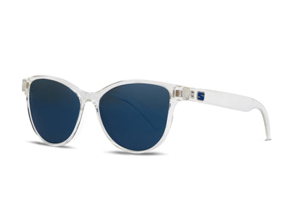 Mia Crystal Gloss sunglasses with Skeleton Optics logo on temple blue lenses on Tampa Home & Garden Store