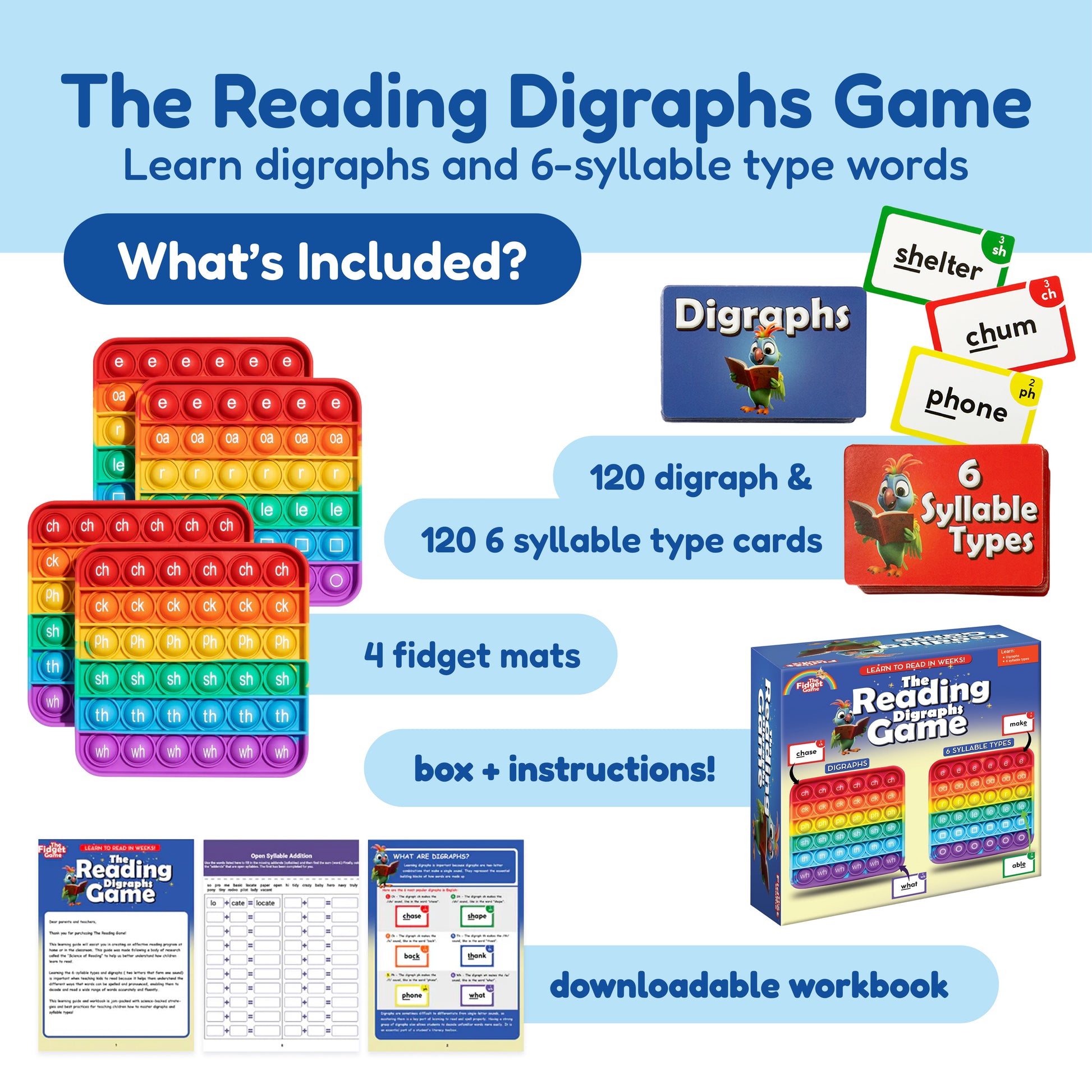Confident Reader Bundle colorful digraph cards and fidget mats by The Fidget Games on Tampa Home & Garden Store