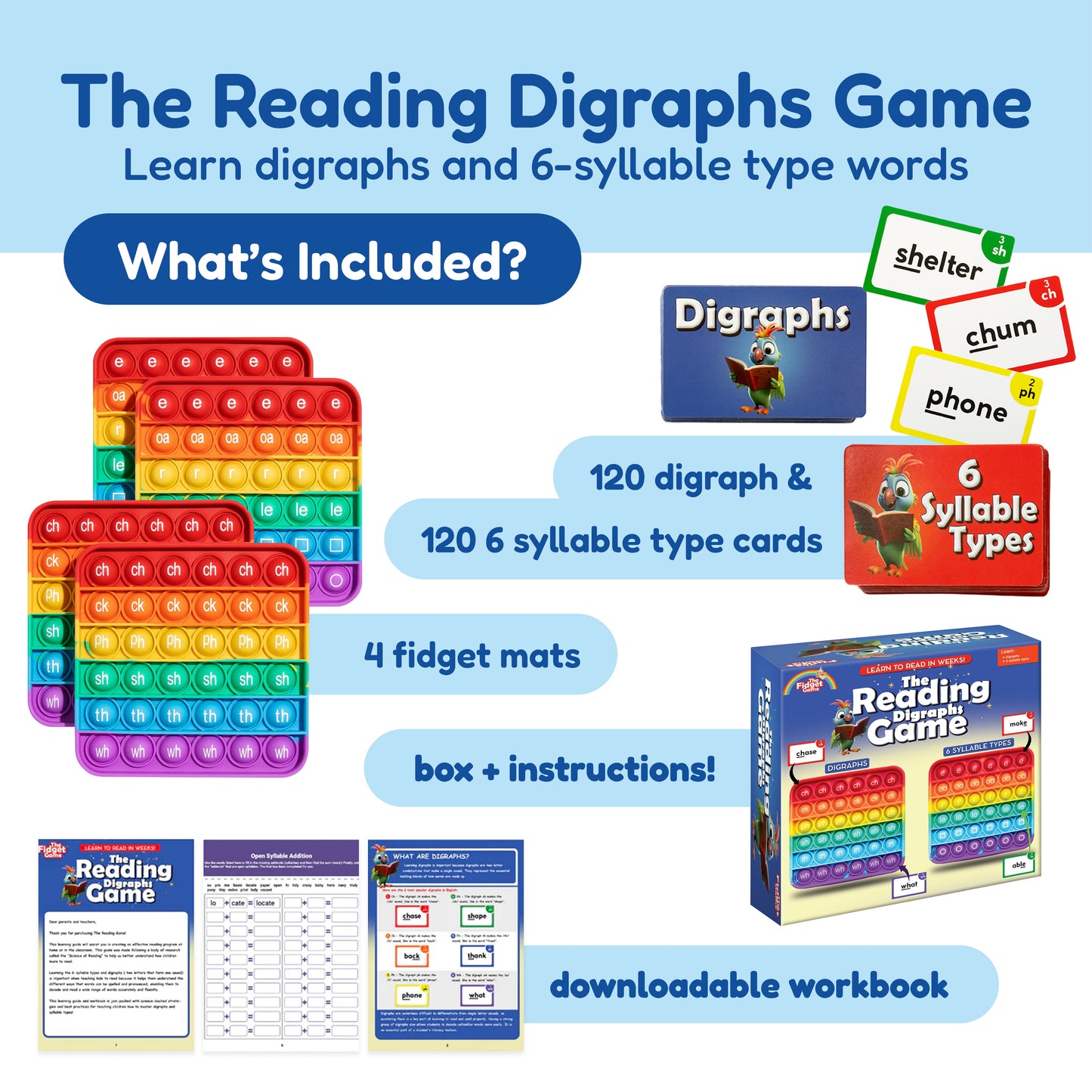 Growing Reader Bundle board game by The Fidget Games with 120 digraph cards and 4 fidget mats on Tampa Home & Garden Store