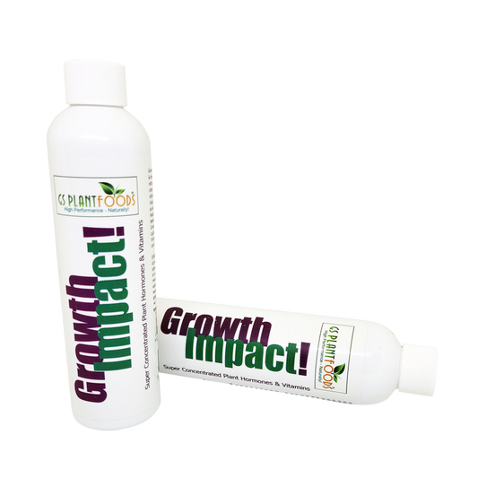 Growth Impact fertilizer bottle by GS Plant Foods, white plastic container with green logo on Tampa Home & Garden Store