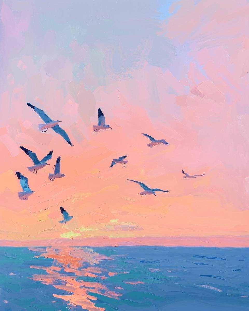 Gaviotas al atardecer – Impresión de bellas artes