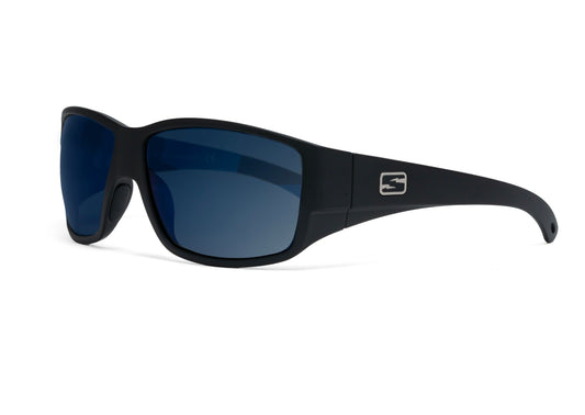 Renegade XL matte black sunglasses with blue lenses and Skeleton Optics logo on temple on Tampa Home & Garden Store