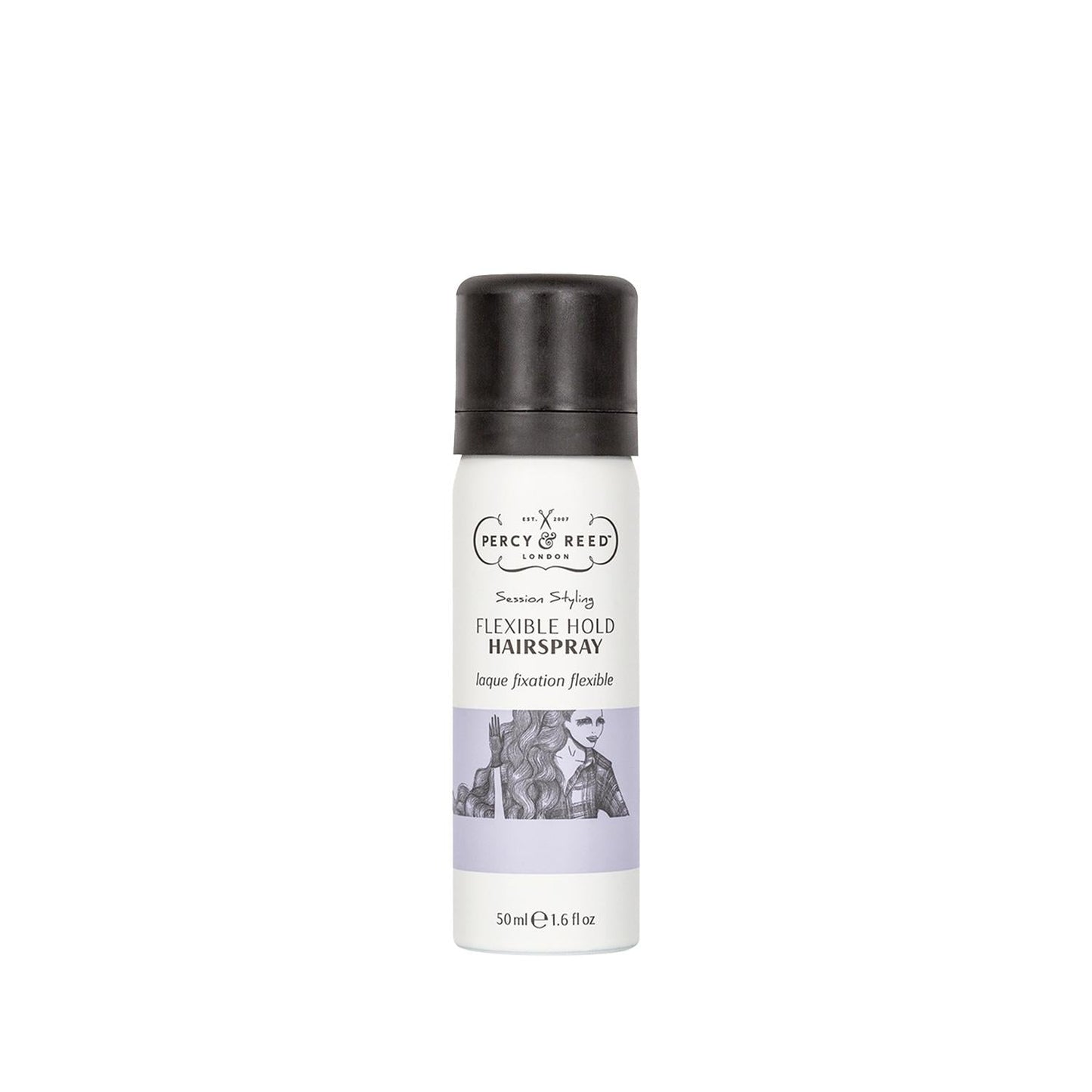 Percy & Reed Session Styling Flexible Hold Hairspray bottle, white with black cap, 50 ml on Tampa Home & Garden Store