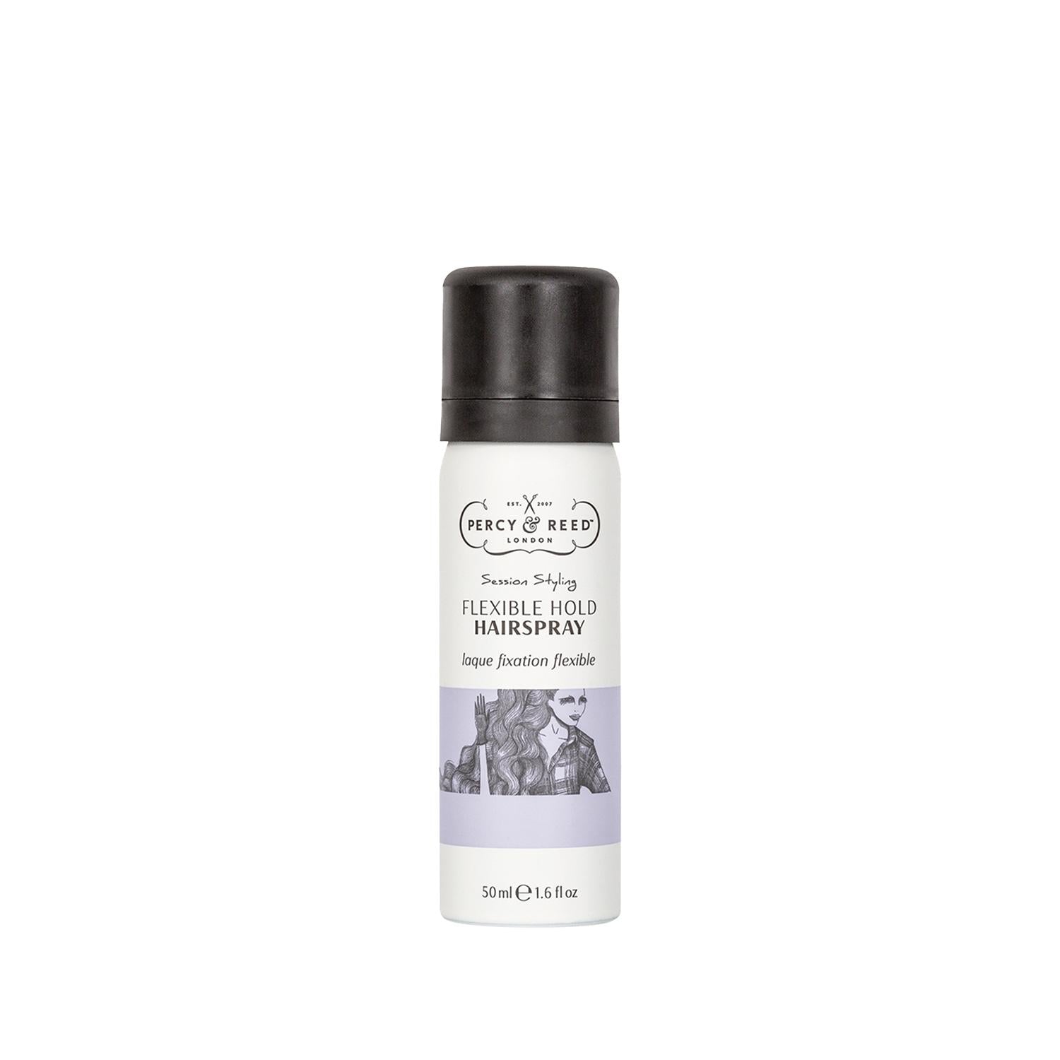 Percy & Reed Session Styling Flexible Hold Hairspray bottle, white with black cap, 50 ml on Tampa Home & Garden Store