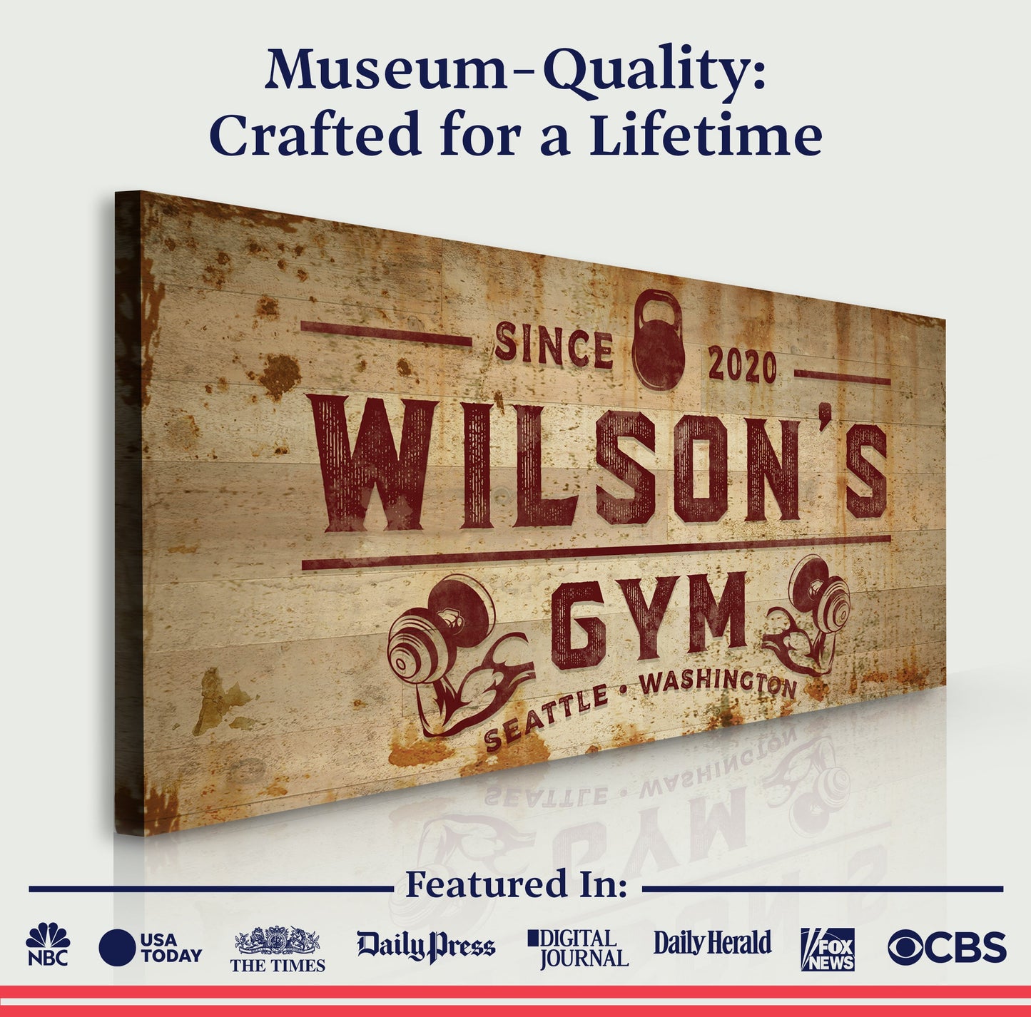 Gym Sign XIV canvas crafting artwork with rustic wood and red lettering Tailored Canvases on Tampa Home & Garden Store