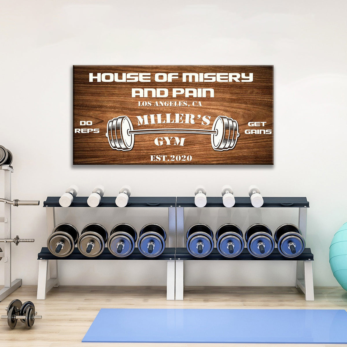 Gym Sign XII canvas with wood grain, bold text House of Misery & Pain, Miller's Gym est. 2020 on Tampa Home & Garden Store