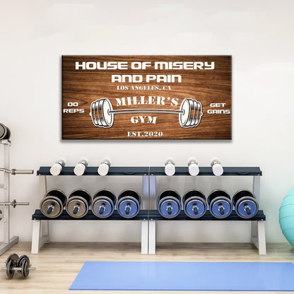 Gym Sign XII canvas with wood grain, bold text House of Misery & Pain, Miller's Gym est. 2020 on Tampa Home & Garden Store