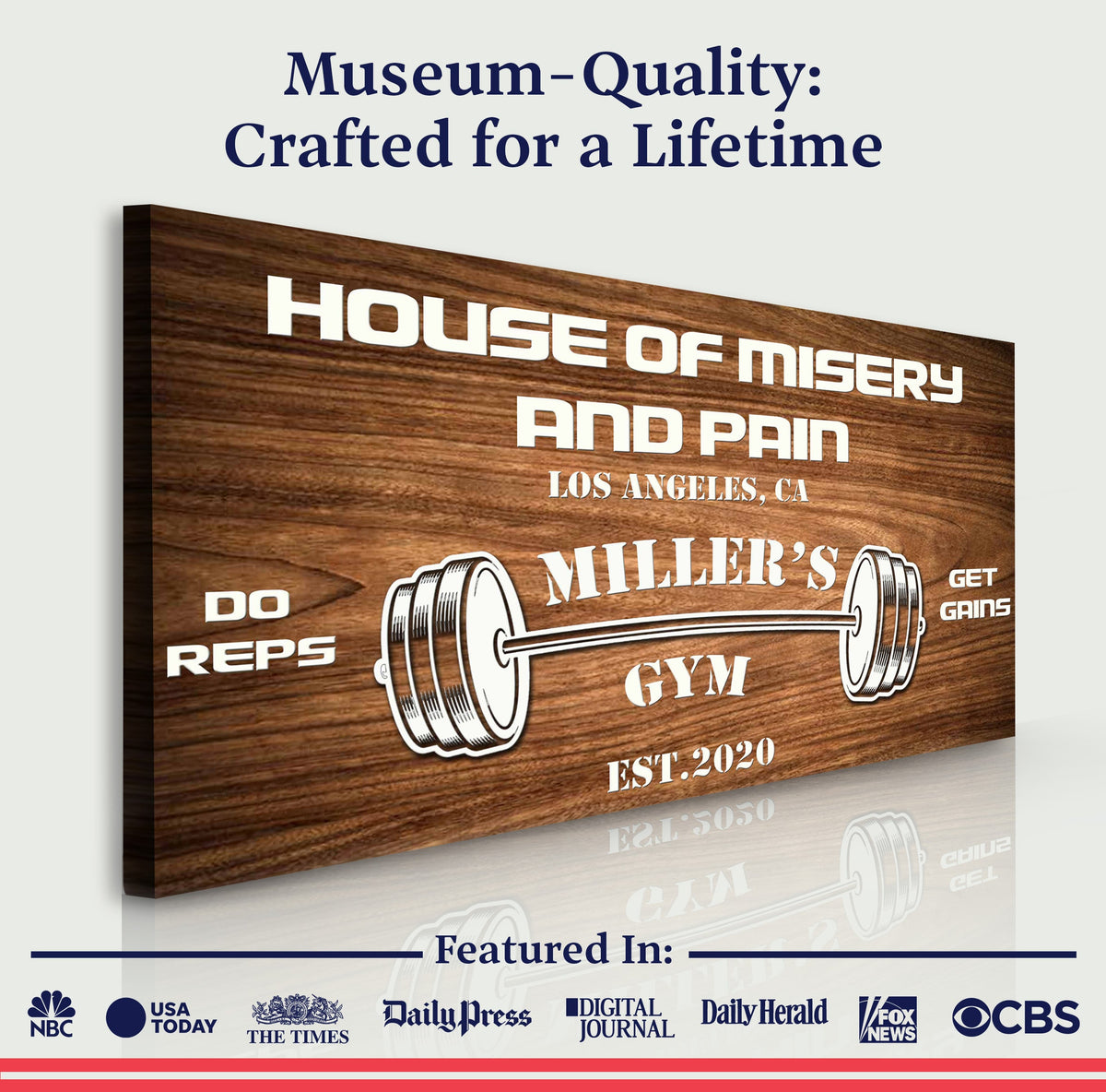 Gym Sign XII canvas by Tailored Canvases with wood-grain backdrop and bold white lettering on Tampa Home & Garden Store