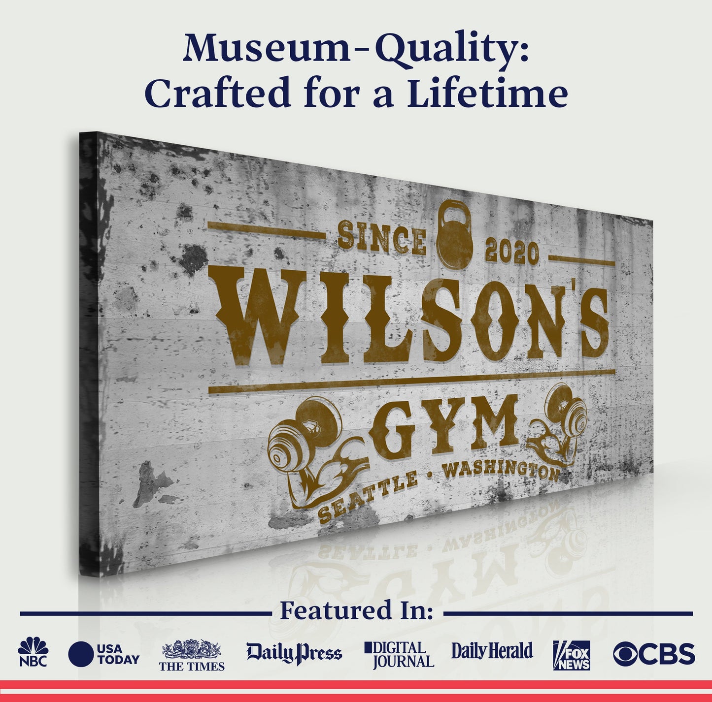 Gym Sign XV canvas by Tailored Canvases; distressed vintage gym sign with weights illustration on Tampa Home & Garden Store