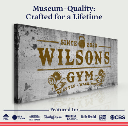 Gym Sign XV canvas by Tailored Canvases; distressed vintage gym sign with weights illustration on Tampa Home & Garden Store