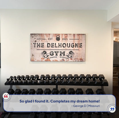 Gym Sign XV canvas with distressed white finish, kettlebell icon, bold lettering on Tampa Home & Garden Store
