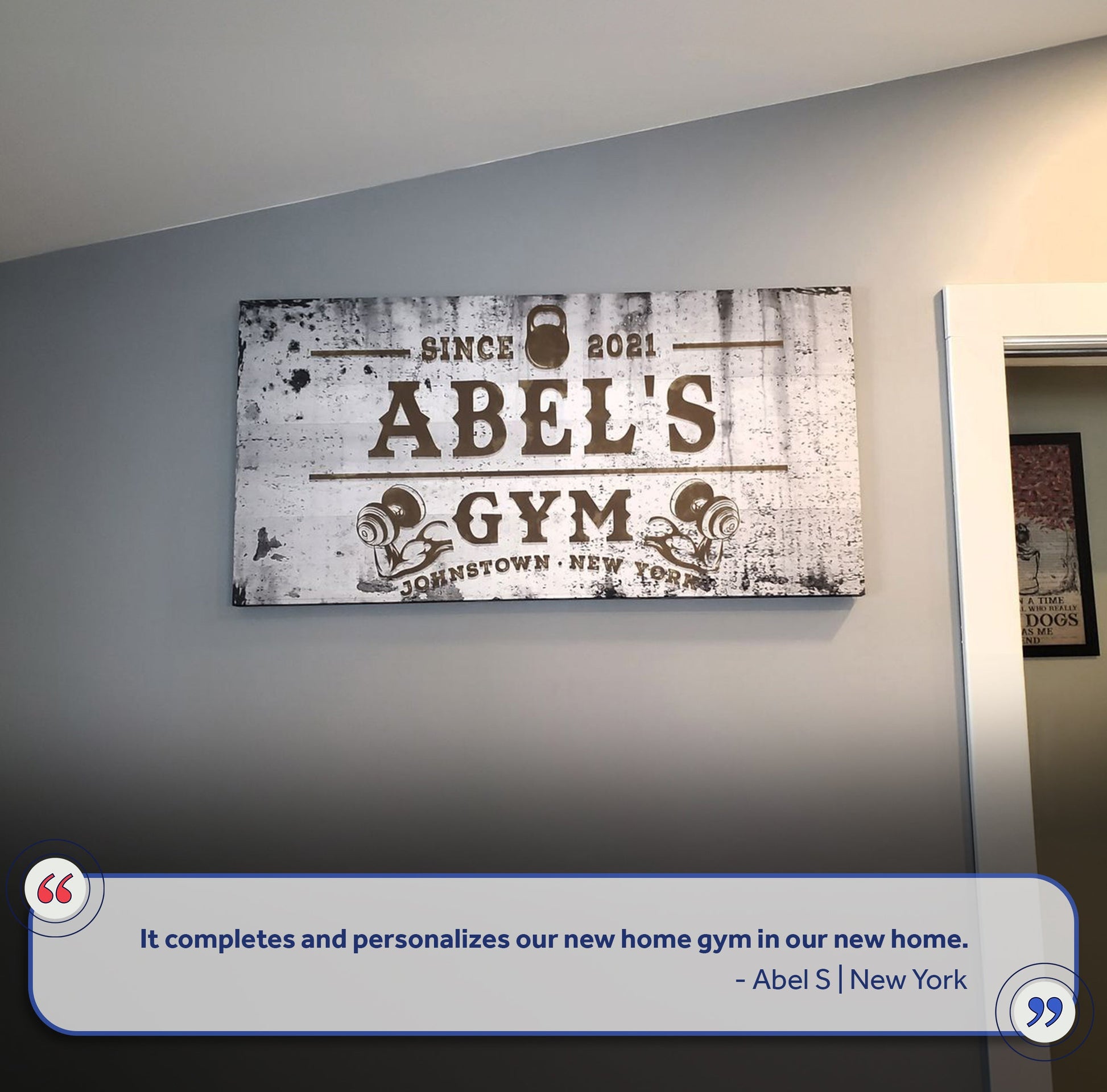Gym Sign XV canvas crafting sign by Tailored Canvases, distressed white with brown lettering on Tampa Home & Garden Store