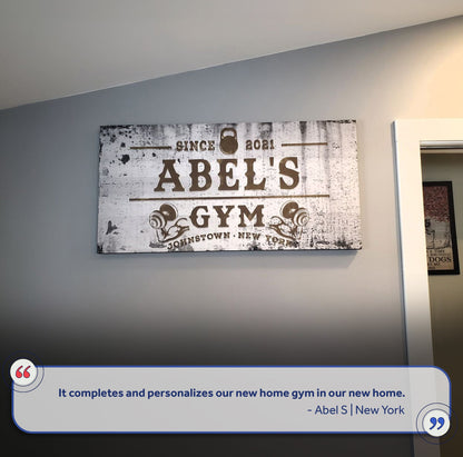 Gym Sign XV canvas crafting sign by Tailored Canvases, distressed white with brown lettering on Tampa Home & Garden Store