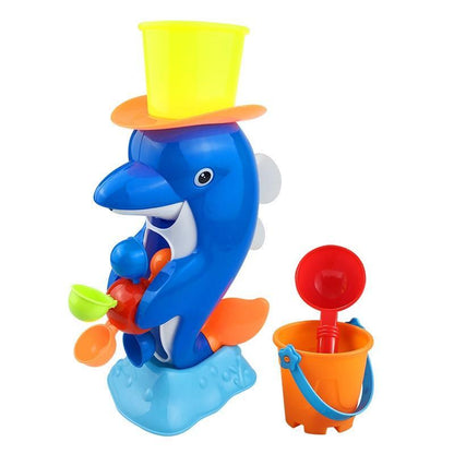 Stevvex blue dolphin bath toy bubble maker with yellow top hat and orange fins bucket and scoop on Tampa Home & Garden Store