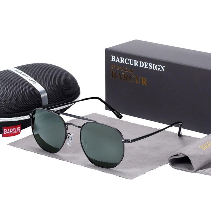 Stevvex square polarized sunglasses with black metal frame and gray lenses UV400; Barcur case on Tampa Home & Garden Store