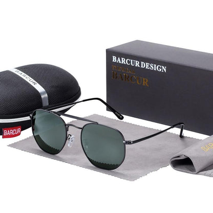 Stevvex square polarized sunglasses with black metal frame and gray lenses UV400; Barcur case on Tampa Home & Garden Store