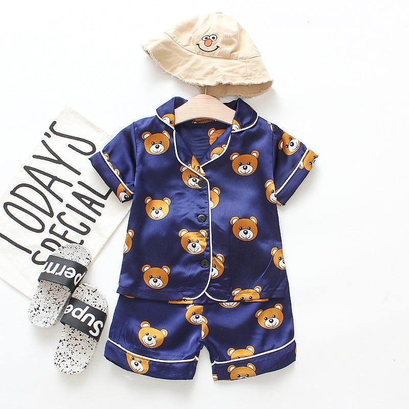 Kids satin pajama set navy bear print short-sleeve top and shorts by Stevvex on Tampa Home & Garden Store