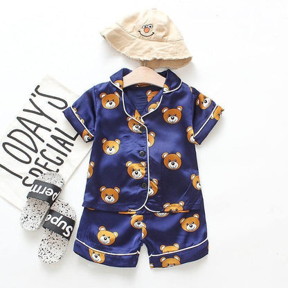Kids satin pajama set navy bear print short-sleeve top and shorts by Stevvex on Tampa Home & Garden Store
